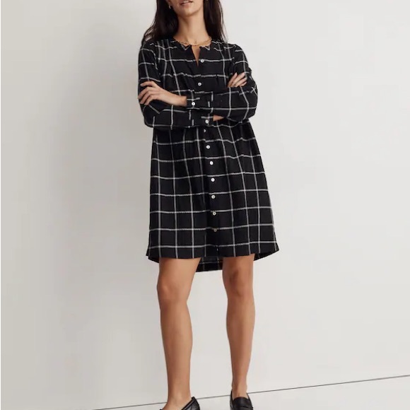 Madewell Dresses & Skirts - Madewell Collarless Shirtdress Black Windowpane Cotton Gauze Women’s SM Normcore